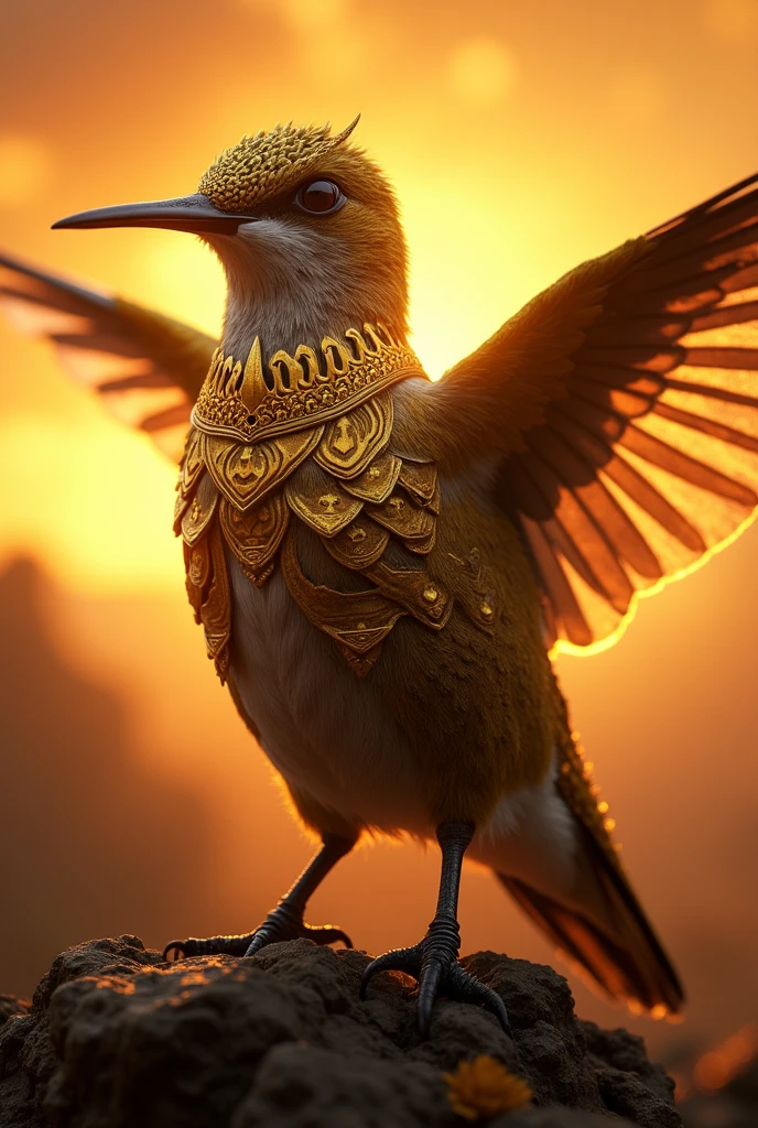 (Close-up of a powerful hummingbird:1.5), (Facing forward, wearing intricate golden armor:1.3), (Majestic and strong, standing alone:1.2), (Epic sunset background:1.1), (Radiant light around the hummingbird:1.2), (Symbolic landscape reflecting strength, unity, and determination:1.0)
