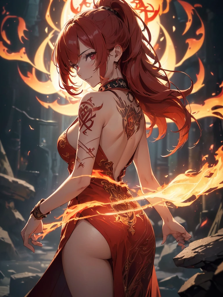(((best quality, sharp image, clear image, cinematic lighting, 8k resolution, masterpiece, ultra detailed, intricate))) Girl, (((looking over left shoulder))), (shot ), fire mage, ((intricate background)), ((chaotic background)), red hair, smiling, ((flame runes, flame sigils)), (tatoo on back), slim figure, flying sigils, long dress