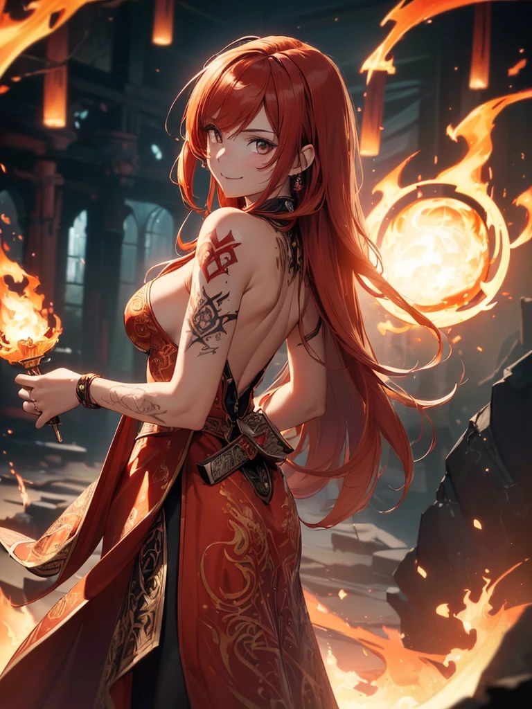 (((best quality, sharp image, clear image, cinematic lighting, 8k resolution, masterpiece, ultra detailed, intricate))) Girl, (((looking over left shoulder))), (shot from behind), fire mage, ((intricate background)), ((chaotic background)), red hair, smiling, ((flame runes, flame sigils)), (tatoo on back), slim figure, flying sigils, long dress