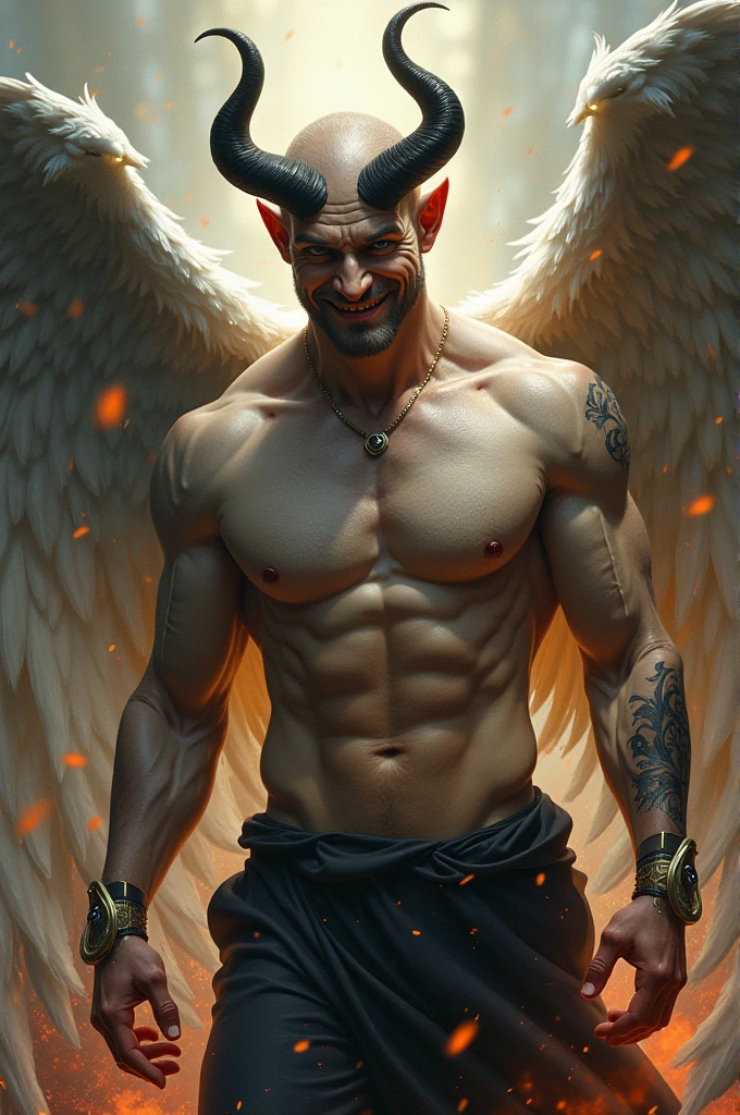 A man with smile who half devil and half angle with wings