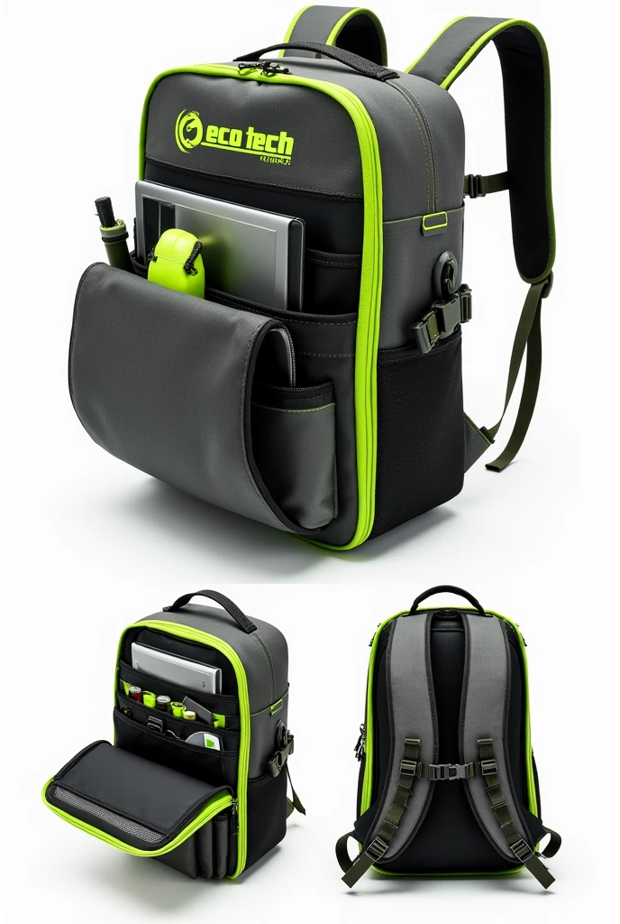 
“Create a three-image collage showing only the inside of a dark gray tech backpack with neon green trim and detailing.. The backpack should not have side pockets. The interior should focus on details, including a spacious compartment for a laptop, an area for pencils and other accessories. The background of the collage must be white. Make sure the name &#39;EcoTech Pack&#39; is clearly visible in the collage.” Only the interior That has the name