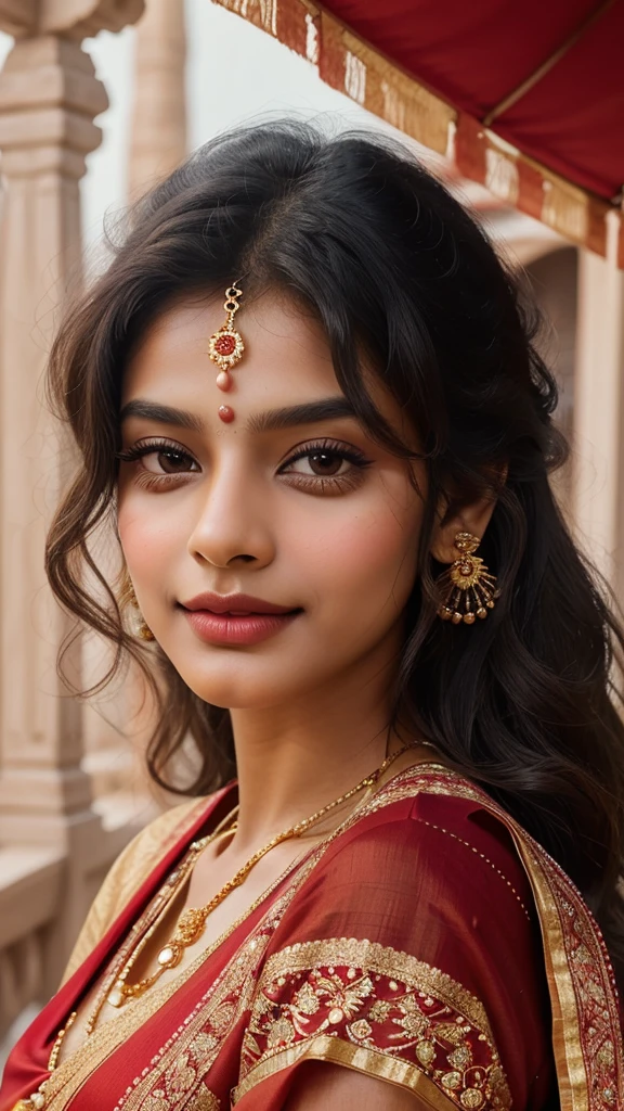 A stunningly beautiful Indian girl with flawless, radiant skin and expressive, almond-shaped brown eyes. She has long, flowing black hair that cascades down her back in soft waves. Her facial features are delicately balanced with high cheekbones, a small, well-defined nose, and full, luscious lips. She is wearing a traditional, vibrant sari in shades of deep red and gold, adorned without any delicate jewelry just with bindi on her forehead. Her pose is confident and graceful, with a serene smile that exudes warmth and charisma. The background is softly blurred to focus on her captivating beauty, with hints of traditional Indian decor to add cultural richness.