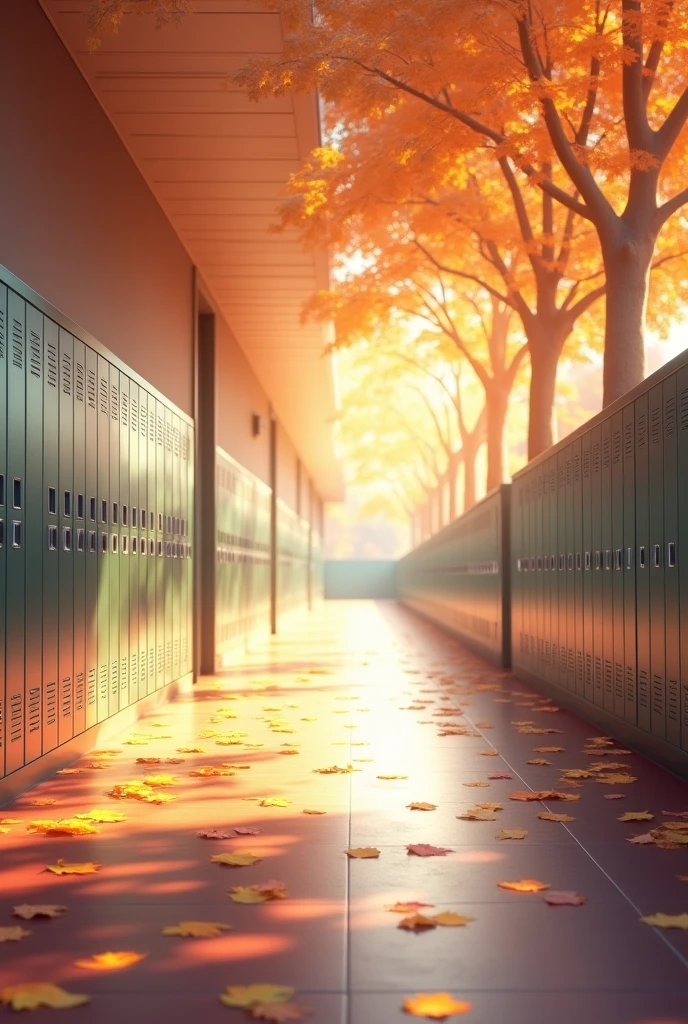 Empty school hallway background with rows of lockers, a bright and welcoming atmosphere, subtle hints of fall with leaves scattered on the floor.Best Quality, Masterpiece, Ultra High Definition,