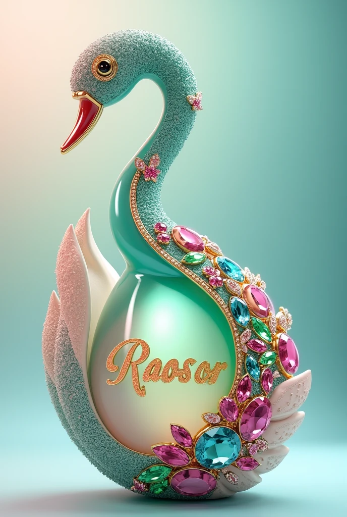 Un flacon de parfum luxueux conçu comme un cygne, avec un col turquoise scintillant et un corps brillant et pastel. Le cygne est orné de pierres précieuses colorées, notamment roses, vertes et bleues, et est agrémenté d'accents dorés. Une chaîne ornée de bijoux est gracieusement suspendue au flacon, complétant le design élégant. Le nom Raoul est affiché en évidence en lettres orange audacieuses sur la base du flacon. L'image présente un fond doux et dégradé qui met en valeur l'opulence du flacon.