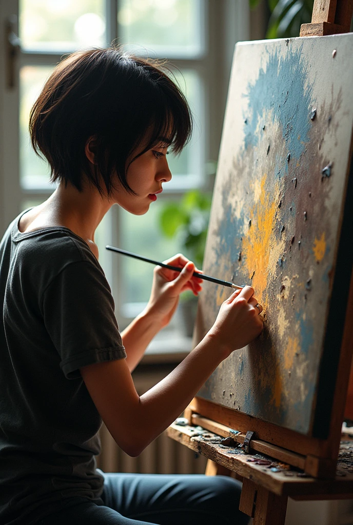 A short black haired artist painting a realistic picture