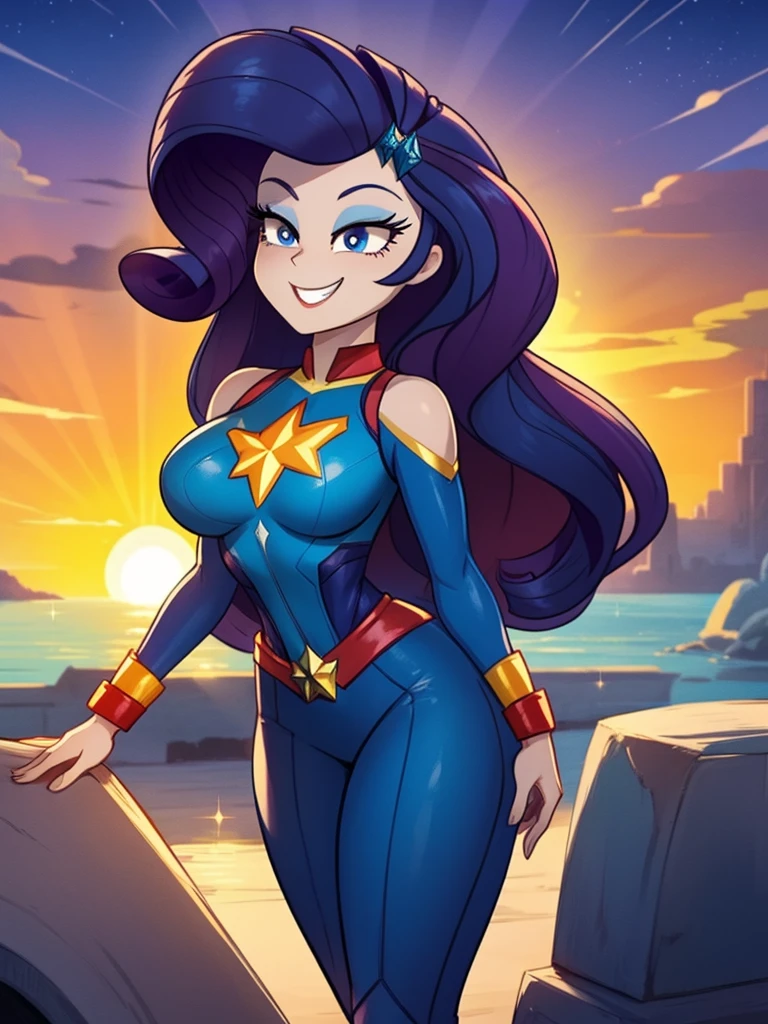 Rarity, huge breasts, Long hair, Luxurious hairstyle, With the Captain Marvel costume, white and blue suit, Elegant white boots, in the sky, superhero, headcheese, in all its height, happy, smile, Rhinestones and diamonds are everywhere., magic, superhero pose, Flight of the blue ray, Best Quality, Very detailed, 8K quality, in all its height, Best Quality, Sunset, small head, woman body, Proportional body 