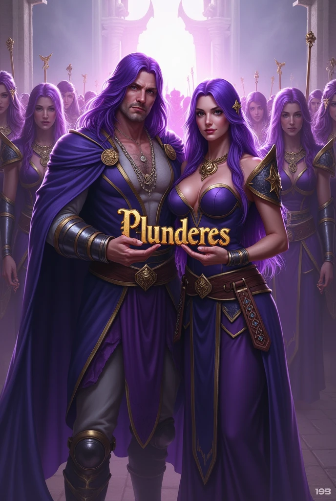 A purple haired man and a purple haired woman leader of a guild, holding the word Plunderes in his hands and behind him his army of warriors with the word Plunderes