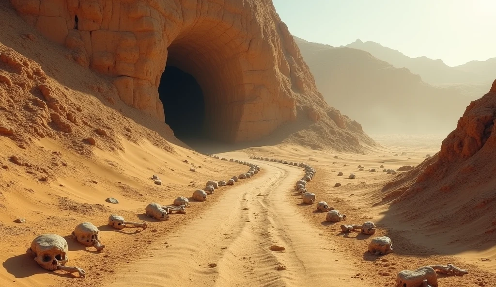 afghanistan desert, path towards a cave with some human bones on the way