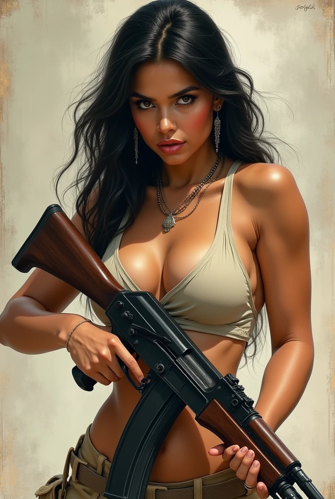 Ak-47 armed by an Indian mom with big curves.
With less clothes
