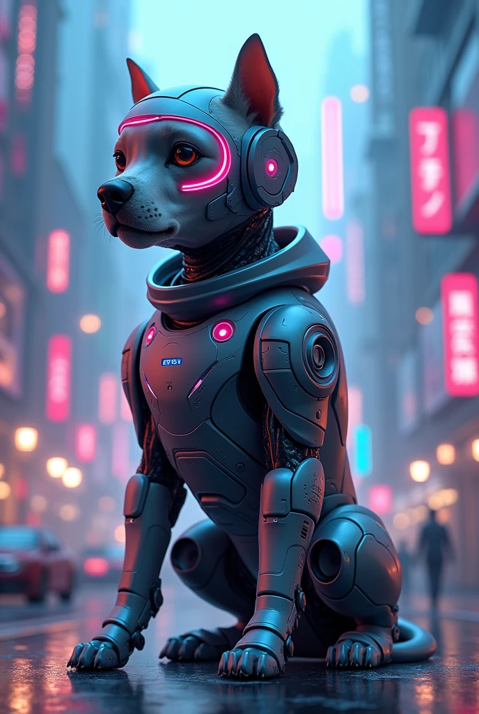 A dog cute looking like RoboCop costume with helmet glowing with led lights in cyberpunk scenery with blue and pink colours 