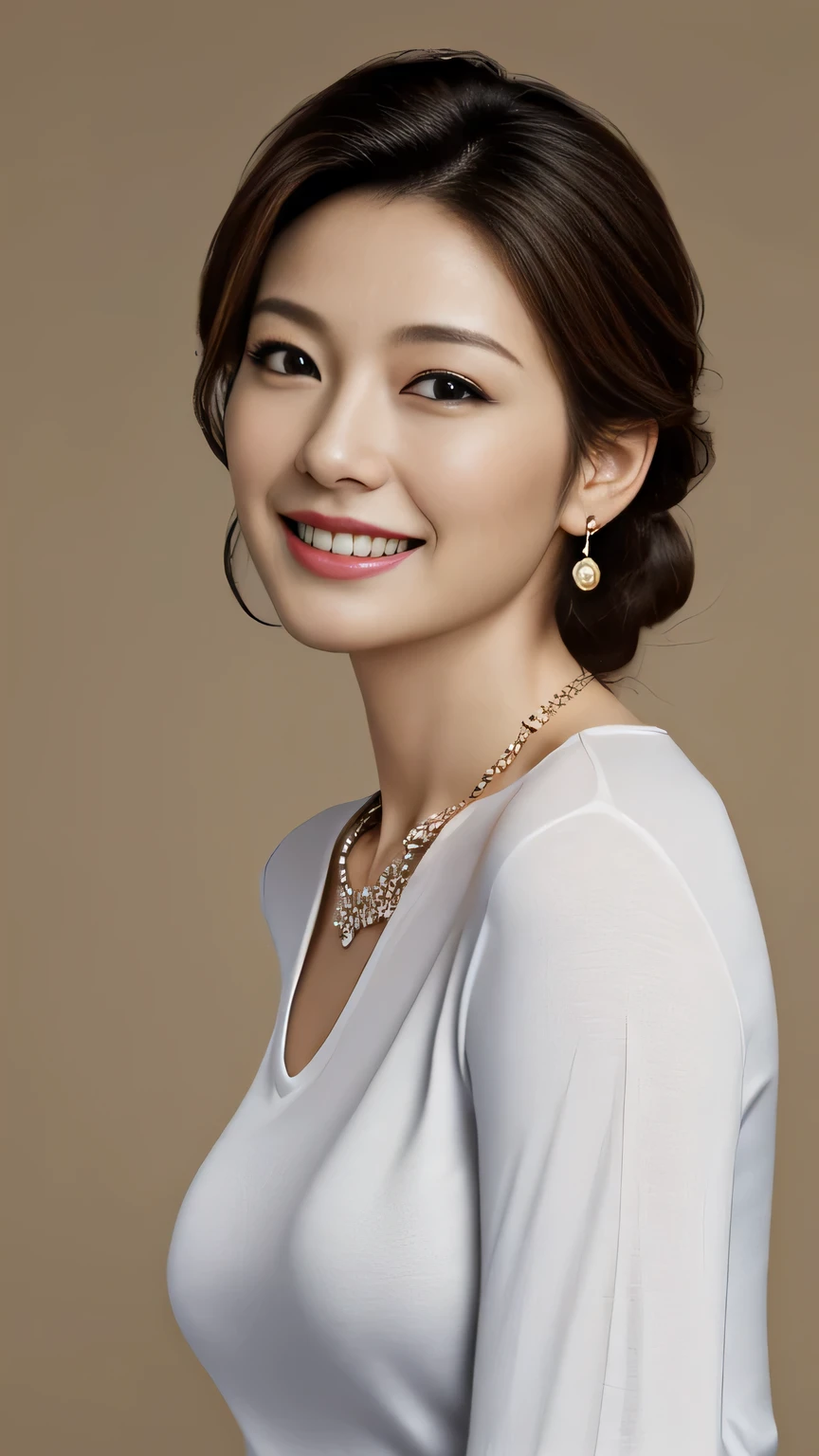 (masterpiece,Highest quality,Ultra-high resolution:1.2),(Photorealistic:1.3),One woman,Japanese,40 years old,alone,(Beautiful Face,Beautiful Face,Skin Texture:1.2),
Come this way,Watching the audience,(Portraiture:1.1),Big smile,Laughing with mouth wide open,Tight V-neck T-shirt、Belted skinny jeans,Simple Necklace,Small earrings,Shapely breasts,