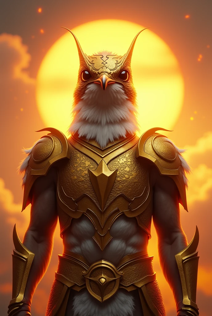 (Close-up of a powerful hummingbird:1.5), (Facing forward, wearing intricate golden armor:1.3), (Majestic and strong, standing alone:1.2), (Epic sunset background:1.1), (Radiant light around the hummingbird:1.2), (Symbolic landscape reflecting strength, unity, and determination:1.0)