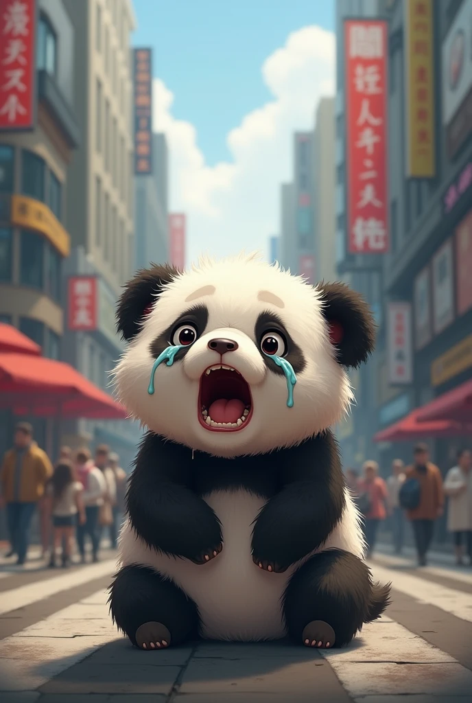 Little panda lost in the city cried loudly with tears and snot running down his face
