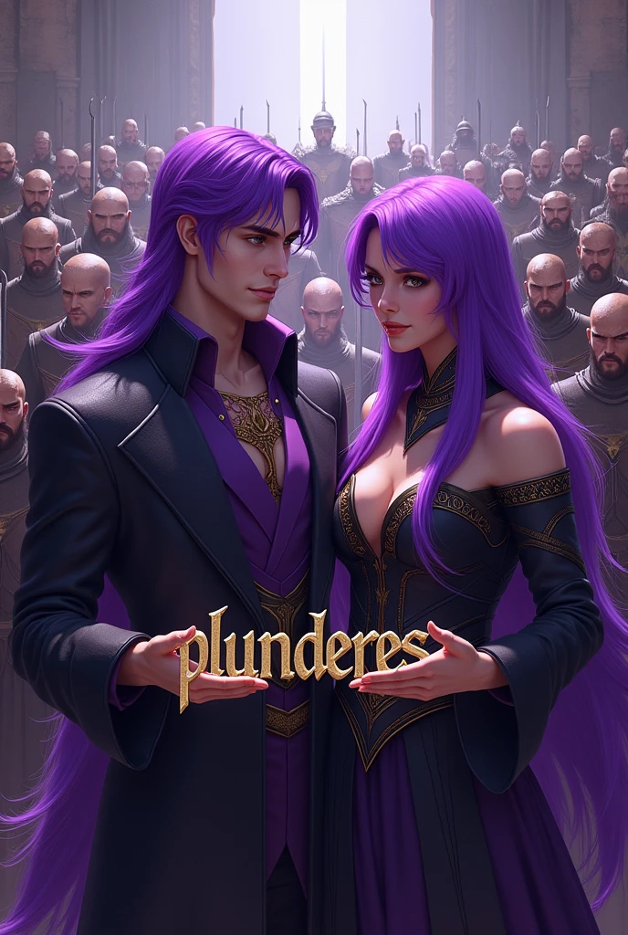 A purple haired man and a purple haired woman leader of a guild, holding the word Plunderes in his hands and behind him his army of warriors 