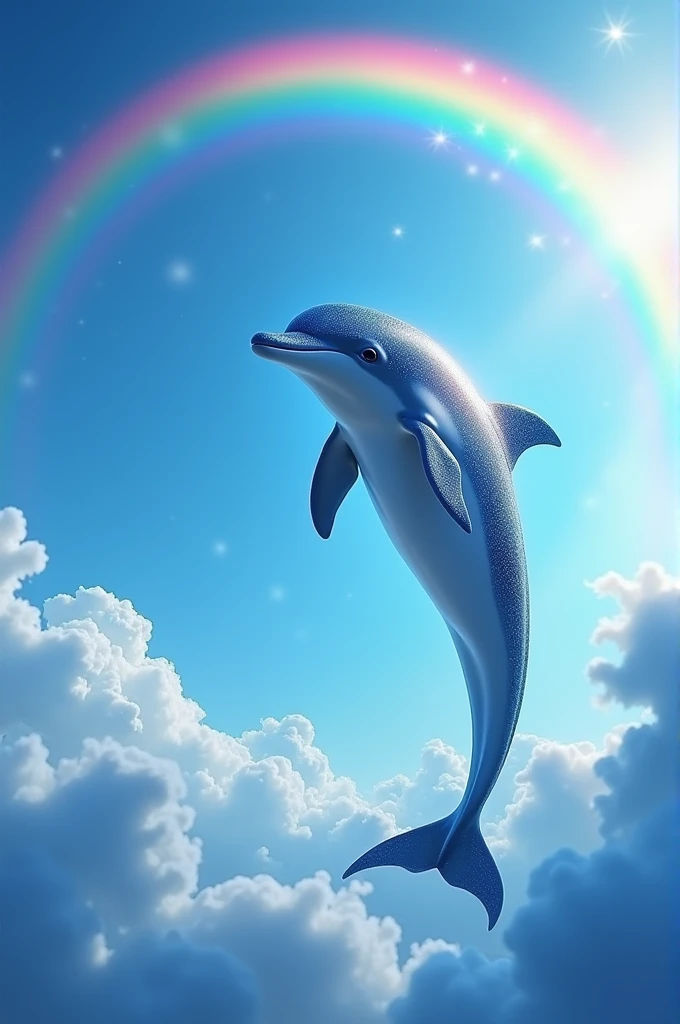 A dolphin in a magical blue sky with a rainbow in the background