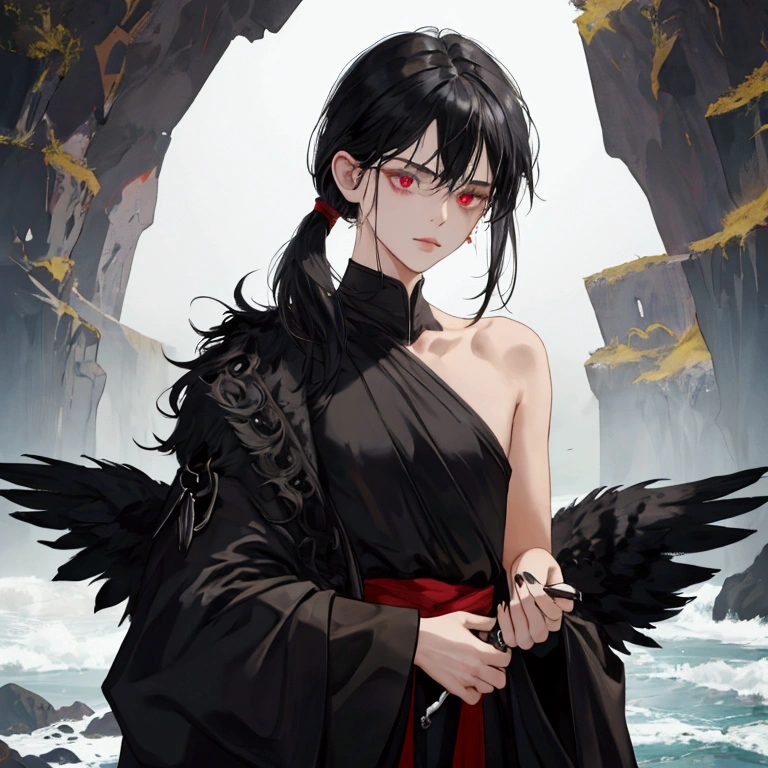 NSFW, short boy, feminine small shotacon, holding crow pet, small fragile body, black fur-lined clothes hanging on the shoulder, little to no clothes (showing core body), black hair, very messy mullet hair, bangs, shining crimson eyes, masterpiece, 8k, photorealistic, chiaroscuro lighting, dramatic shadows, cinematic composition, coast background, wearing black short, sharp black nails