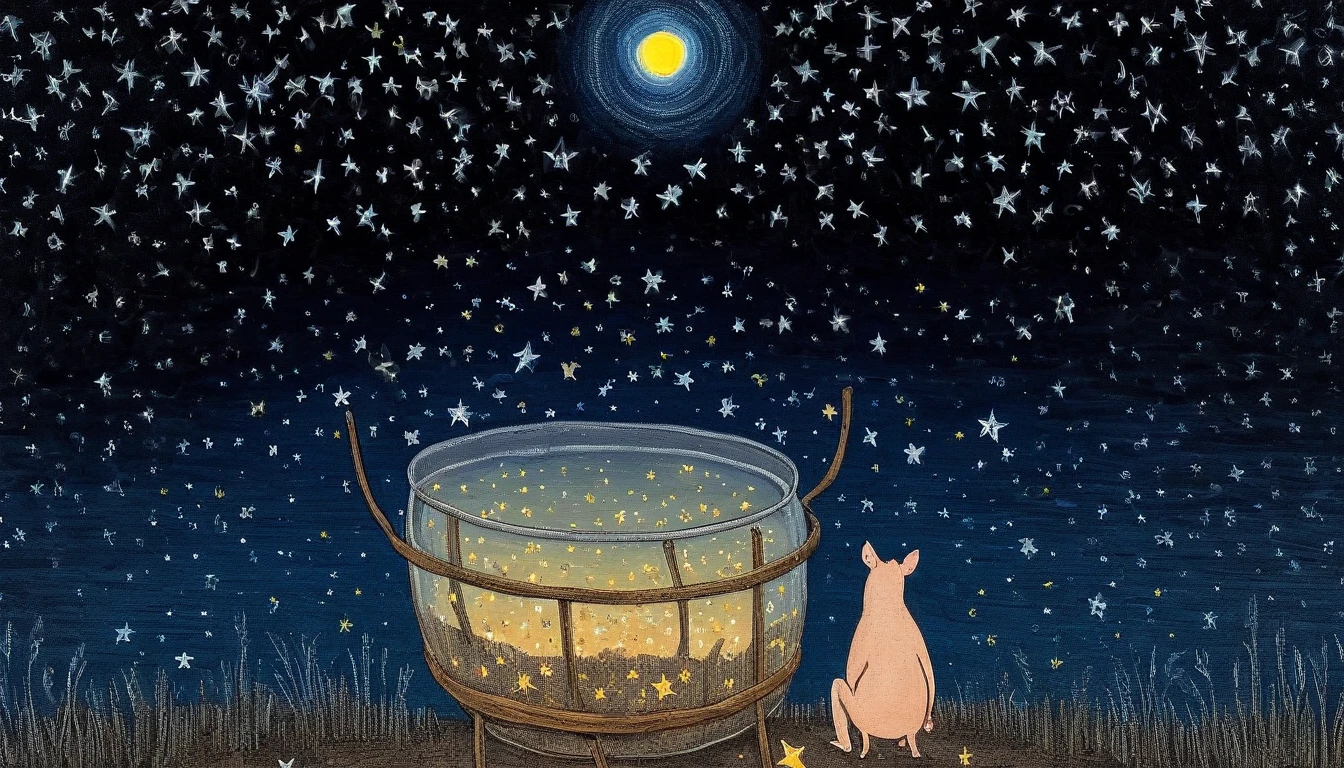 An delicate night in a sieve, sows stars in the night sky, ((Olivia Waller style)), magic naive art, primitivism, protogen, , ((best quality, Masterpiece)), ((Highest detail)), RAW:1,1, 8k