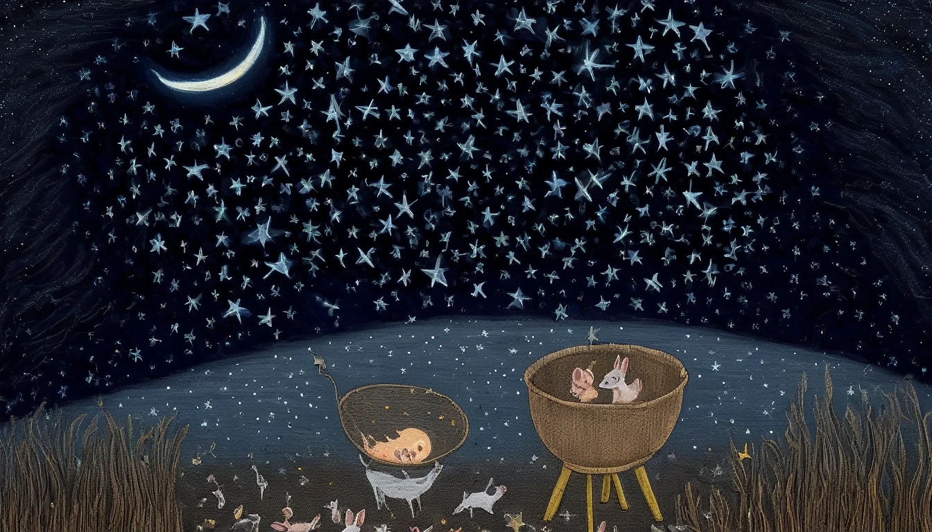 An delicate night in a sieve, sows stars in the night sky, ((Olivia Waller style)), magic naive art, primitivism, protogen, , ((best quality, Masterpiece)), ((Highest detail)), RAW:1,1, 8k