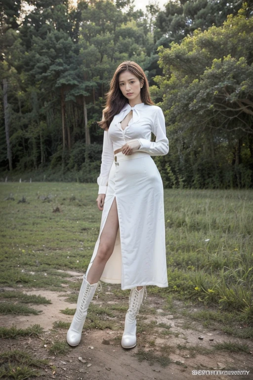 best quality, Photo quality,Original Photography, (Practical: 1.2),(Reality: 1.38), 1 girl, Delicate face, beautiful eyes, big eyes, Very large breasts, cleveage, Sexy bulge,Long skirt,Long legs,Cloth boots,Full body portrait