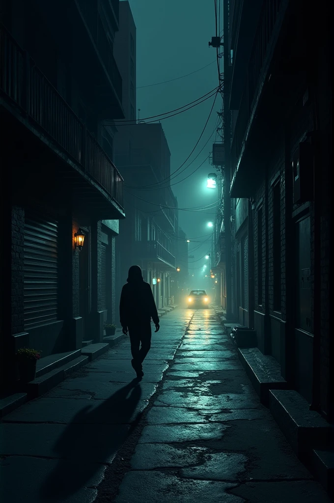 Picture: A narrow alley at night, flashing street lights, adding to the tense atmosphere.
