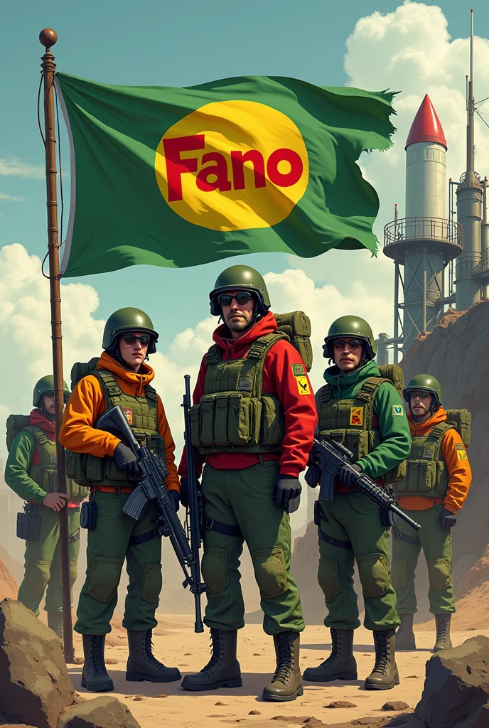 Guerilla fighters scientists with green yellow and red color logo and flag conservatively named in the middle of the flag write the name "FANO" produce their own rockets.