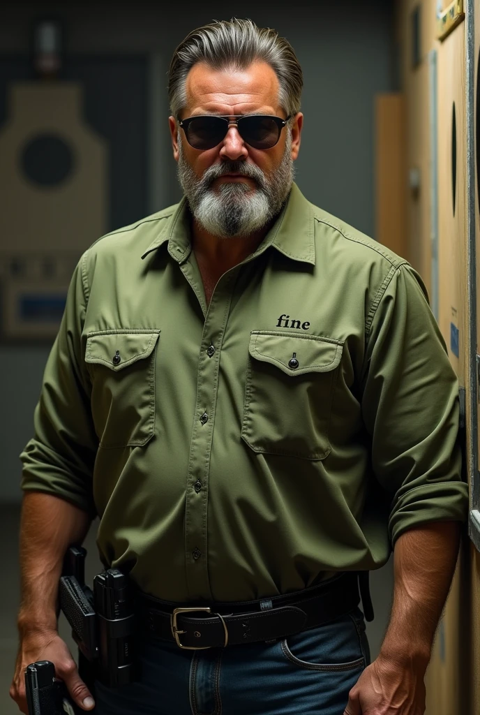man with beard, sunglasses, with a pistol in the holster, with a green dress shirt, at a shooting range, high resolution, (with the word FINE very small on one side of his chest)