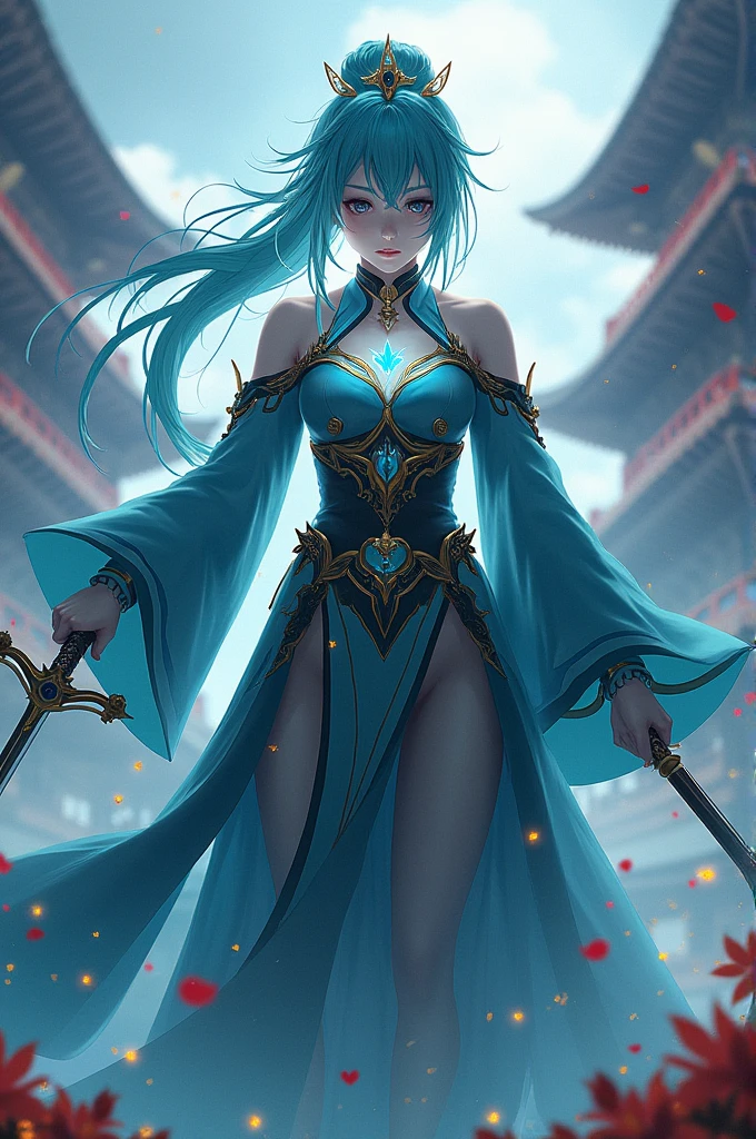 A sophisticated female character from Liyue with a Hydro Vision, wielding a sleek, crescent-shaped spear. She has deep teal hair styled in a sleek, partially updo with a golden wave-shaped hairpin. Her eyes are deep blue with flecks of gold, and her skin has a soft, warm ivory tone. She wears a form-fitting, high-collared navy blue and teal coat with gold wave patterns, layered over a short tunic. Light, glossy scale-like armor covers her shoulders and forearms. A flowing cape or scarf with a gradient from dark blue to teal trails behind her. Her aura includes faint, swirling Hydro patterns and water droplets around her hands and weapon.