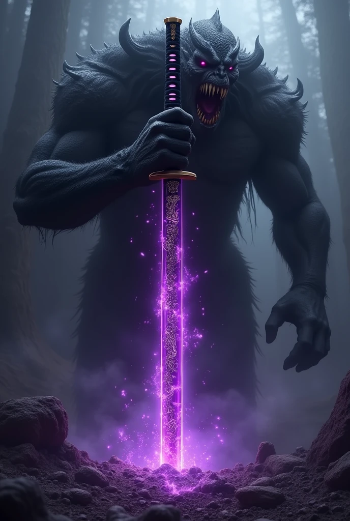 A demonic katana with a purple Aura and a monster behind it was about to eat it.