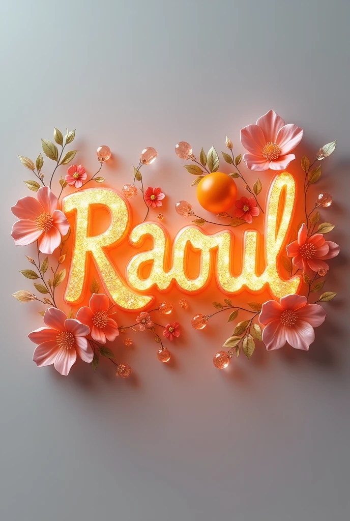 Une illustration exquise du logo 3D du nom Raoul, exprimé de manière raffinée et élégante. Chaque lettre apparaît comme un cristal époustouflant, imprégné d'un charme envoûtant
Une teinte étoilée qui crée un jeu captivant de couleurs orange. Le design est accentué par des gracieux. Un fruit orange tendre et des fleurs en verre délicatement travaillées ornent le logo. Nichés sur un fond gris pur, les couleurs vibrantes et les détails immaculés du logo prennent vie, invitant le spectateu