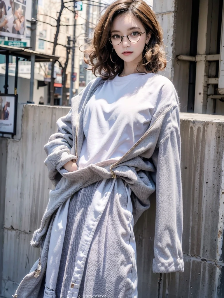Photo of a beautiful woman standing on a street corner, (masterpiece:1.2, highest quality), (Realistic, photoRealistic:1.4), Beautiful illustrations, (Natural Side Lighting, Cinema Lighting), Written boundary depth, Beautiful thighs staring at the viewer, (((Face Focus, Upper Body))), 1 female, 30-year-old, alone, thin, slender, small breasts!!!, Short Hair, Curly Hair, Forehead, Forehead, Forehead, Forehead, thin, slender, glasses, oversized hoodie, sexy pencil skirt, Are standing, New York 25th Street