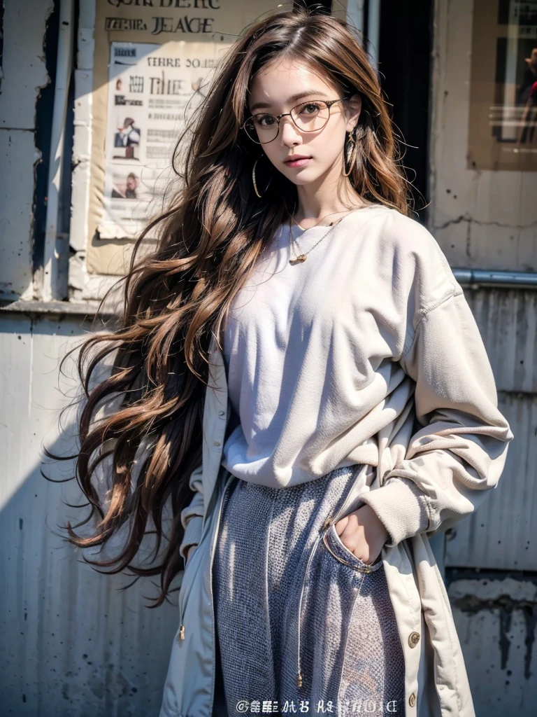 Photo of a beautiful woman standing on a street corner, (masterpiece:1.2, highest quality), (Realistic, photoRealistic:1.4), Beautiful illustrations, (Natural Side Lighting, Cinema Lighting), Written boundary depth, Beautiful thighs staring at the viewer, (((Face Focus, Upper Body))), 1 female, 30-year-old, alone, thin, slender, small breasts!!!, Short Hair, Curly Hair, Forehead, Forehead, Forehead, Forehead, thin, slender, glasses, oversized hoodie, sexy pencil skirt, Are standing, New York 25th Street