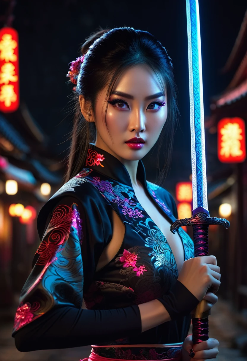 1 sexy girl, sexy qi pao, neon luminous eyes,fierce, long eyelashes, holding a magic
sword,dynamic pose,(hyper detailed), (perfect body), (perfect face),(masterpiece, 8k, ultra
quality), (scene: dark night),,,rage