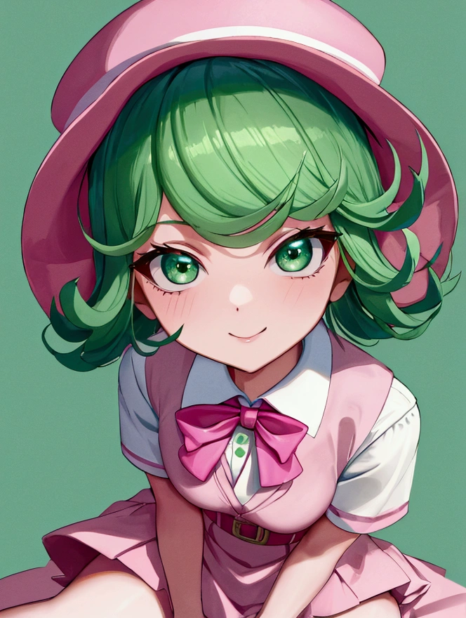 (high res, 8K, masterpiece, looking at viewer, best quality, very aesthetic, ultra detailed, ultra background, ultra Eyes) intricate details, 1girl, Tatsumaki, Chibi, short sleeved white shirt, pink vest, Pink short skirt, Pink Hat, Pink tie ribbon, Wearing a belt, green short hair, green eyes, Smile Face, Background School Playground, Cinematic Angle