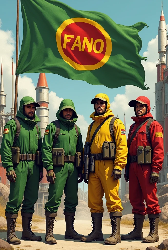 Guerilla fighters scientists with green yellow and red color  logo and flag conservatively named in the middle of the flag write the name "FANO" produce their own rockets.