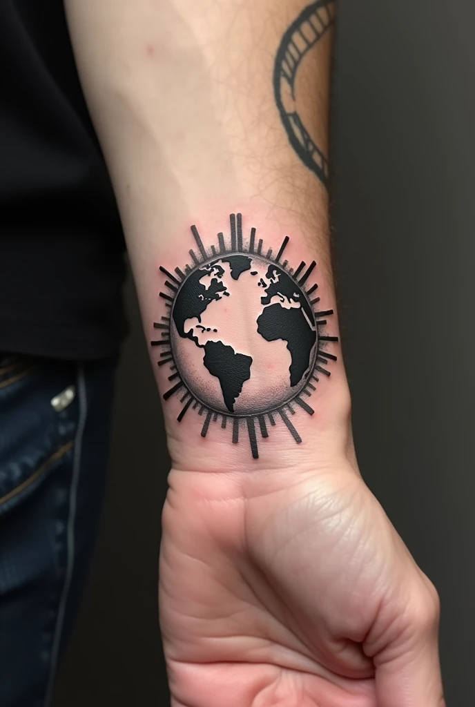 Very small tattoo template on the theme of world domination for the outer area of the wrist, much smaller and with a globe without background, more dynamic, even smaller, more exercise, more unusual, with shades, more fight, victorious