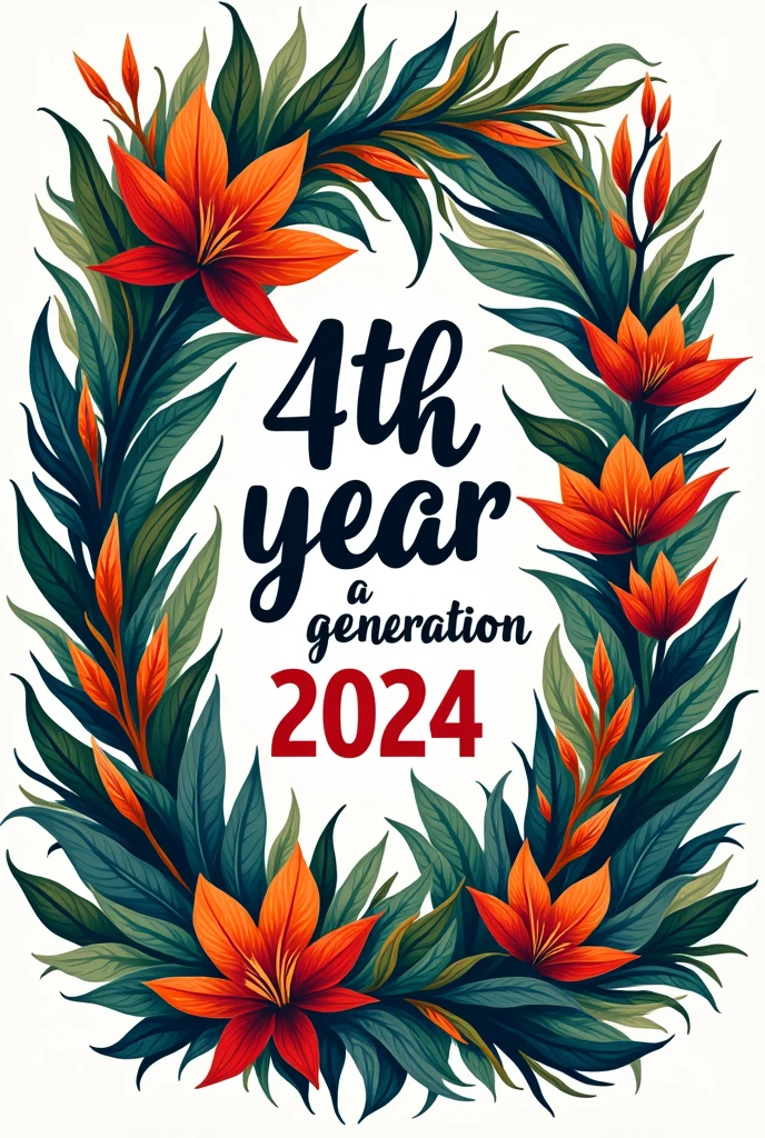 Make me a canvas with a white background, tribal theme, colorful and with vegetation, that in the center says "4th year A generation 2024"
