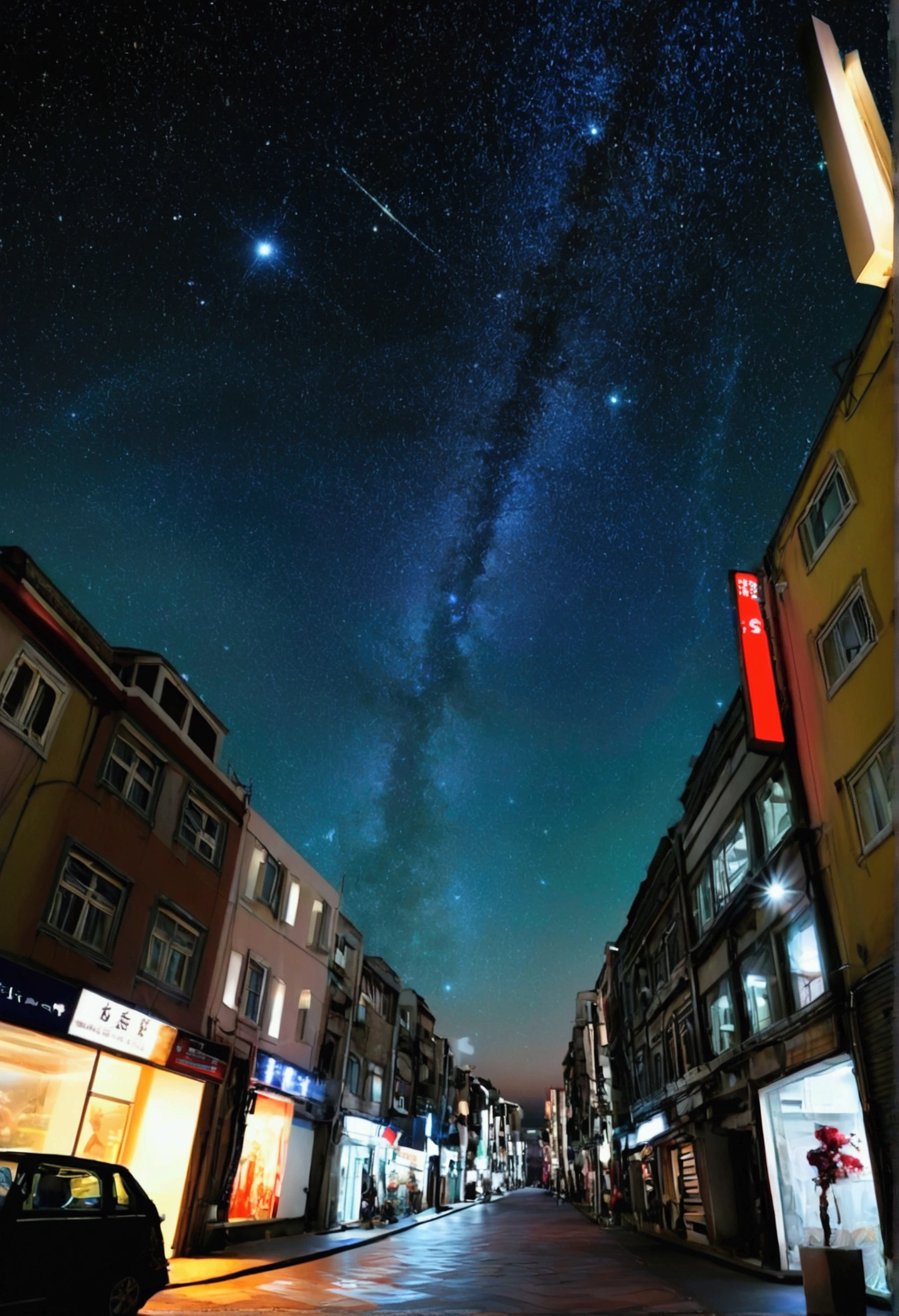 Starry Sky, by Tsutomu Nihei, Despite severe urban light pollution, there are still people who love the stars searching for bright spots in the sky. Use long-term exposure to capture the contrast between starlight and artificial light in the city, (best quality, masterpiece, photorealistic), very aesthetic, perfect composition, intricate details, ultra-detailed, vivid colors