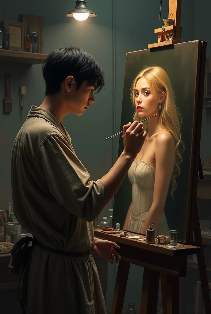 A short black haired artist painting a realistic picture A blonde girl in the background of the dark room 