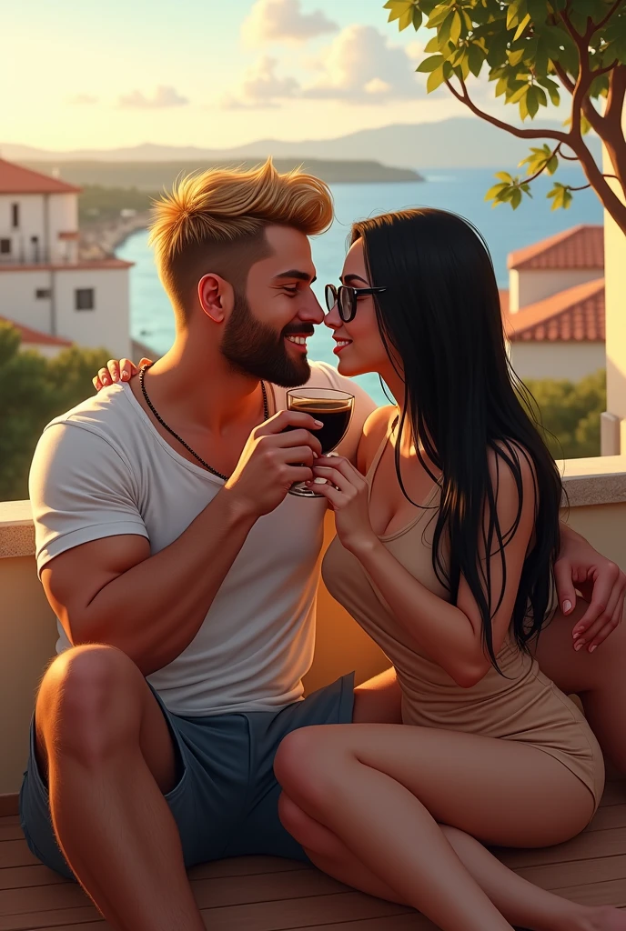 Create a picture of a young couple. 

The man is muscular and has a full beard. He has dark blonde, very short hair. 

The woman has long black hair and wears large designer glasses. She has a sharp nose. 

The couple sits on a roof terrace in Apulia. Both drink espresso. 

Both have sex. 

The image should appear realistic. 