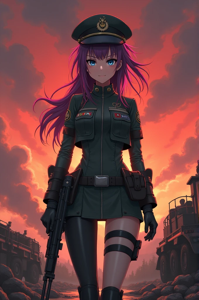 a beautiful girl with purple hair, wearing a battle suit inspired by a biker jacket, standing in a post-apocalyptic ruined city, highly detailed, photorealistic, 8k, cinematic lighting, dramatic composition, vibrant colors, intricate details