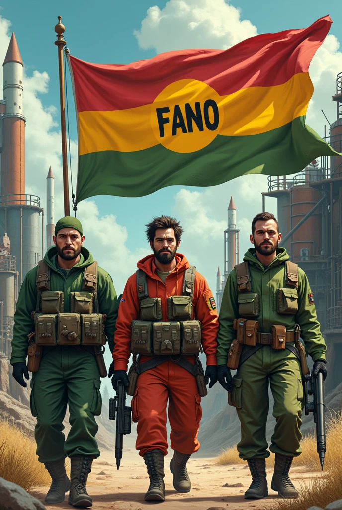Guerilla fighters scientists with green yellow and red color logo and flag conservatively named in the middle of the flag write the name "FANO" produce their own rockets.