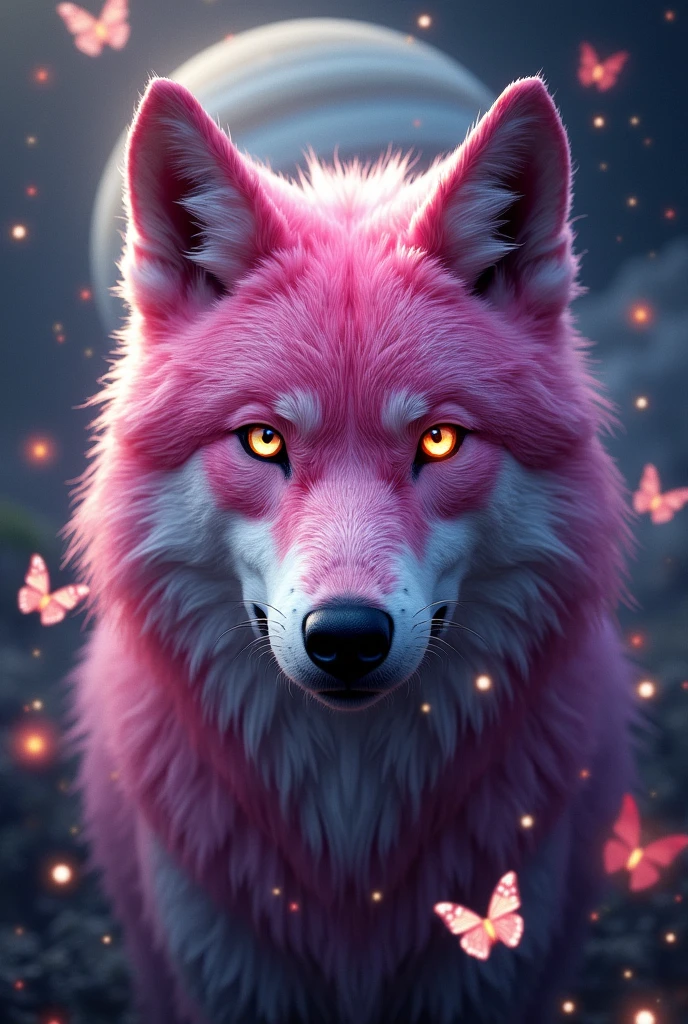 An image of a wolf whose face is made up of tulips, the fuchsia color that predominates, have butterflies, stars and the planet Jupiter