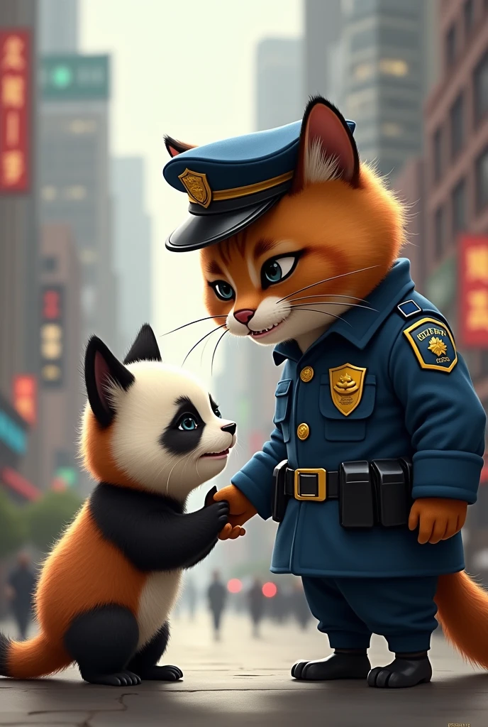 Suddenly the police cat saw the little panda crying and asked