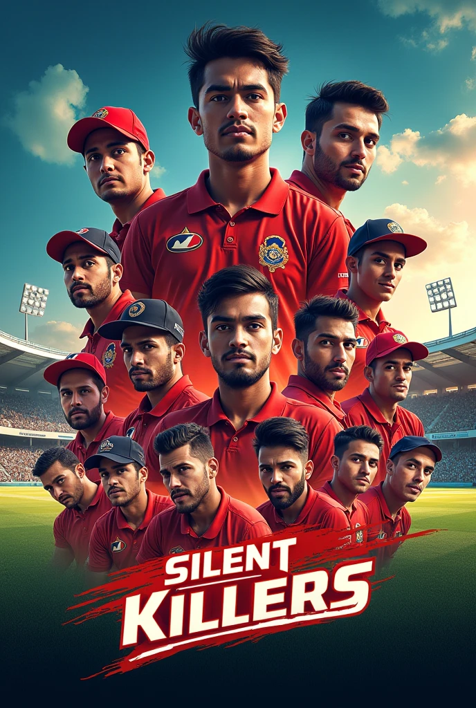 I want a cricket team players poster , include team name "silent killers",also space for 8 players imge adition