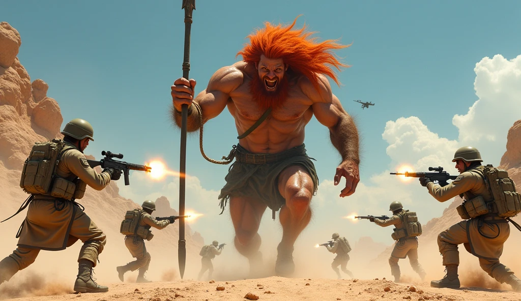 afghanistan desert, american soldiers shooting at giant ferocious man, red hair spear in hand