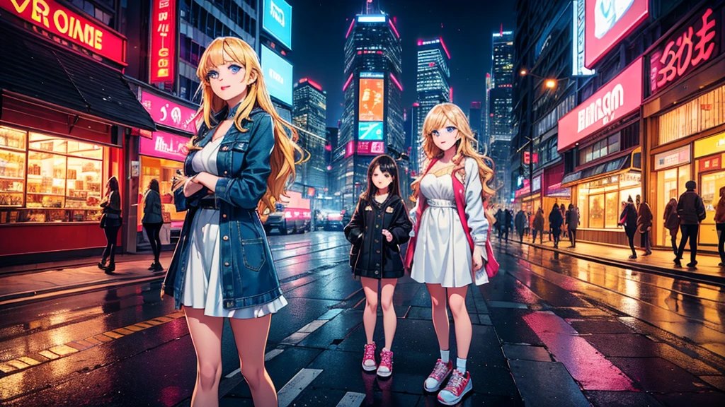 in a bustling, modern city with towering skyscrapers, neon signs, and busy streets, two blonde twin girls meet each other. both girls are around , with long, wavy blonde hair and bright blue eyes. they are wearing matching outfits: denim jackets, white dresses, and red sneakers. the cityscape is vibrant and detailed, with reflections of lights on the wet pavement, pedestrians walking by, and cars passing. the girls are standing on a busy street corner, looking at each other with big smiles, as if they’ve just reunited. the background includes a mix of architectural styles, with some older buildings nestled between modern glass towers, and street vendors selling colorful goods nearby.