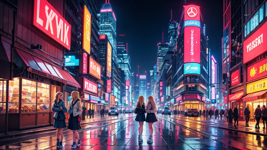 in a bustling, modern city with towering skyscrapers, neon signs, and busy streets, two blonde twin girls meet each other. both girls are around , with long, wavy blonde hair and bright blue eyes. they are wearing matching outfits: denim jackets, white dresses, and red sneakers. the cityscape is vibrant and detailed, with reflections of lights on the wet pavement, pedestrians walking by, and cars passing. the girls are standing on a busy street corner, looking at each other with big smiles, as if they’ve just reunited. the background includes a mix of architectural styles, with some older buildings nestled between modern glass towers, and street vendors selling colorful goods nearby.
