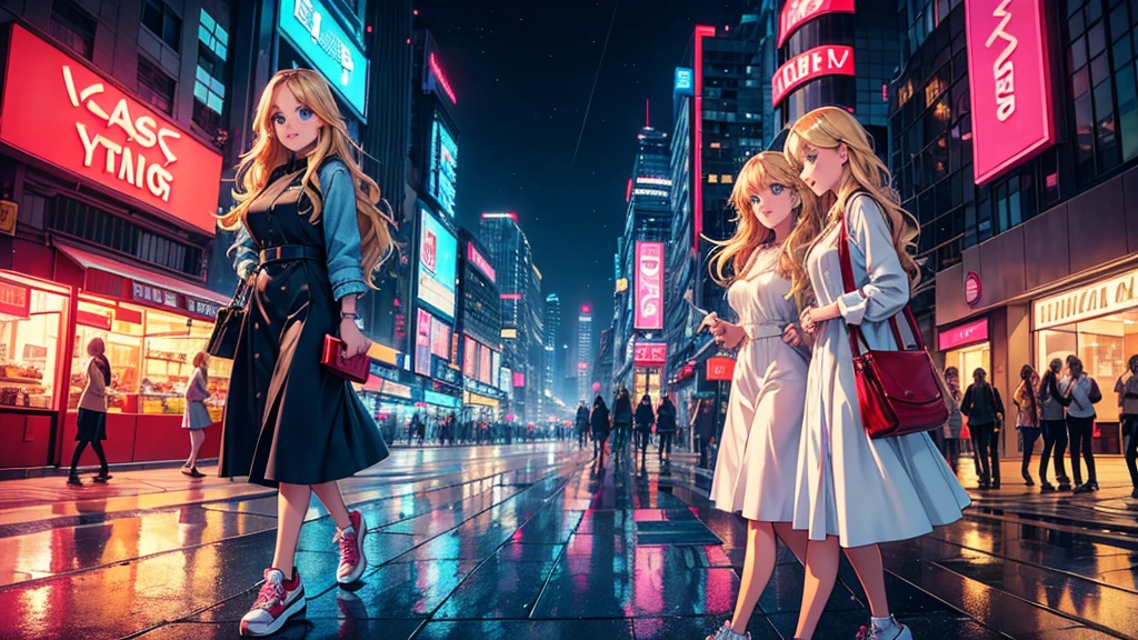 in a bustling, modern city with towering skyscrapers, neon signs, and busy streets, two blonde twin girls meet each other. both girls are around , with long, wavy blonde hair and bright blue eyes. they are wearing matching outfits: denim jackets, white dresses, and red sneakers. the cityscape is vibrant and detailed, with reflections of lights on the wet pavement, pedestrians walking by, and cars passing. the girls are standing on a busy street corner, looking at each other with big smiles, as if they’ve just reunited. the background includes a mix of architectural styles, with some older buildings nestled between modern glass towers, and street vendors selling colorful goods nearby.
