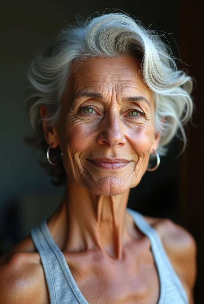 A 78 year old woman athletic body beautiful face with gray hair