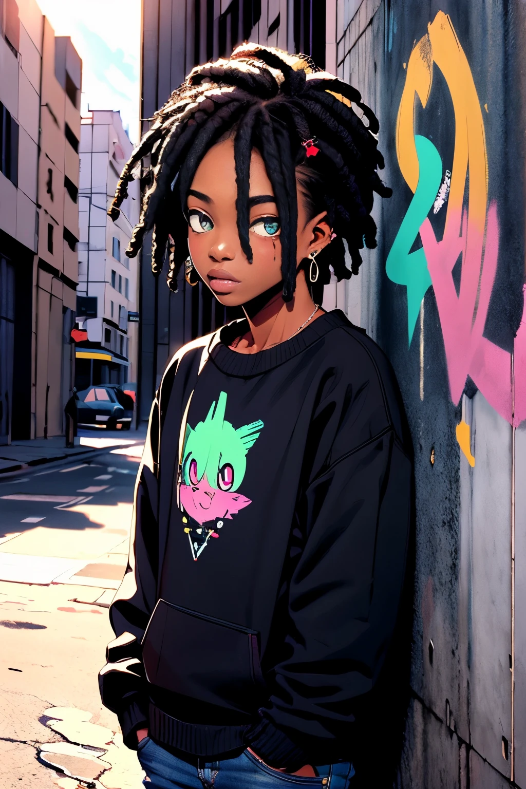 Black boy, sweater, beautiful detailed eyes, stylish haircut, Urban environment, vibrant colors, street art, graffiti, Cool pose, natural lighting, realistic, Modern art style, High resolution, rich texture, youthful energy. (pastel colors)